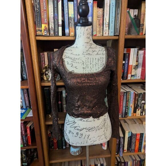 NEW FREE PEOPLE LATE NIGHT DISCO SEQUIN LAYERING TOP BROWN SZ SMALL - Picture 1 of 5